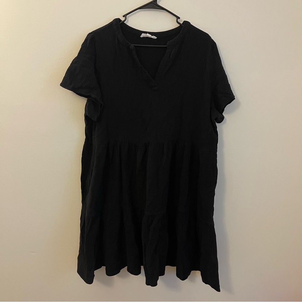Lucky Brand 1X Black V Neck Gauzey Cotton Relaxed Boho Dress Lightweight